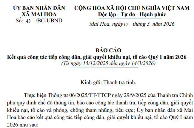 Báo cáo kết quả công tác tiếp công dân, giải quyết khiếu nại, tố cáo Quý I năm 2026 