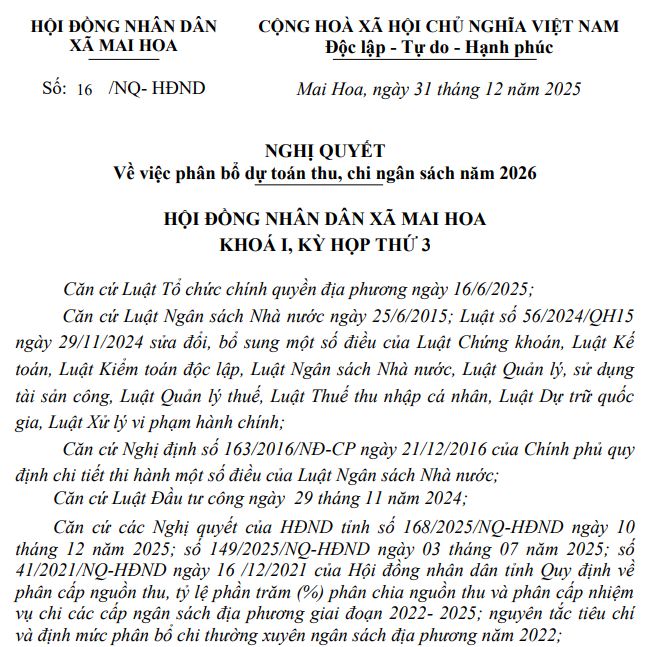 Nghị quyết về việc phân bổ dự toán thu, chi ngân sách năm 2026
