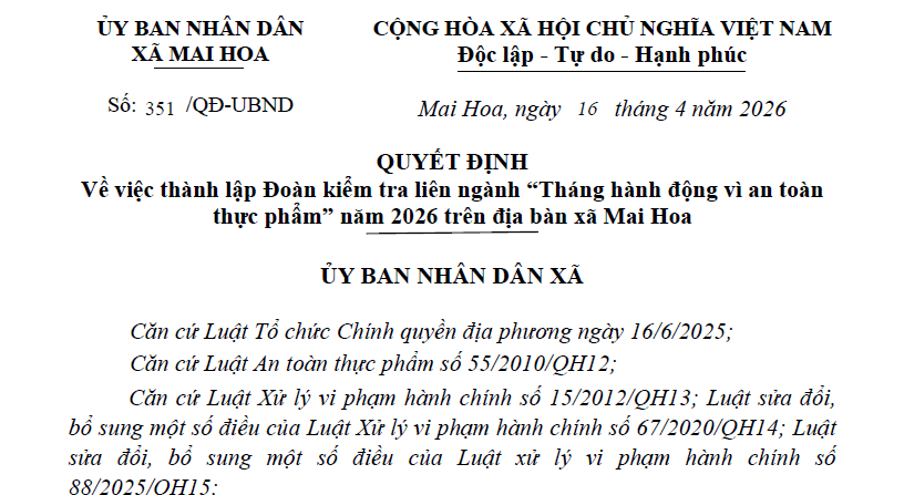 Quyết định về việc thành lập Đoàn kiểm tra liên ngành “Tháng hành động vì an toàn thực phẩm” năm 2026 trên địa bàn xã Mai Hoa