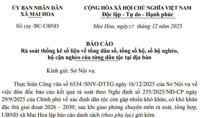 Báo cáo rà soát thống kê số liệu về tổng dân số, tổng số hộ, số hộ nghèo, hộ cận nghèo của từng dân tộc tại địa bàn