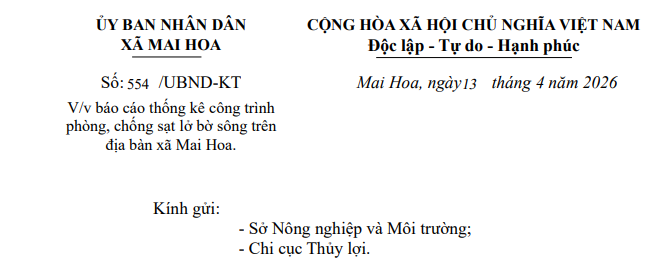 báo cáo thống kê công trình phòng, chống sạt lở bờ sông trên địa bàn xã Mai Hoa.V/v báo cáo thống kê công trình phòng, chống sạt lở bờ sông trên địa bàn xã Mai Hoa.