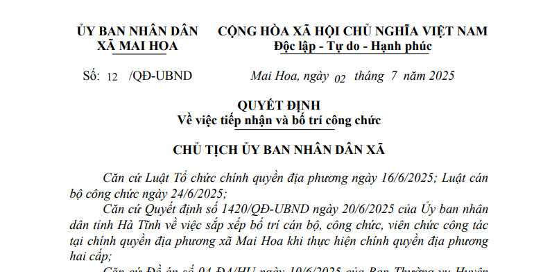Quyết định về việc tiếp nhận và bố trí công chức