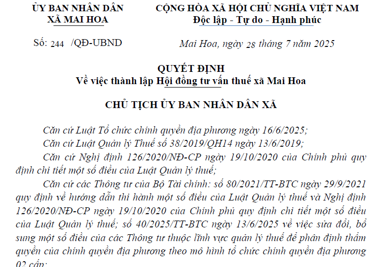 Quyết định về việc thành lập Hội đồng tư vấn thuế xã Mai Hoa