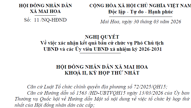 Nghị quyết về việc xác nhận kết quả bầu cử chức vụ Phó Chủ tịch UBND và các Ủy viên UBND xã nhiệm kỳ 2026-2031