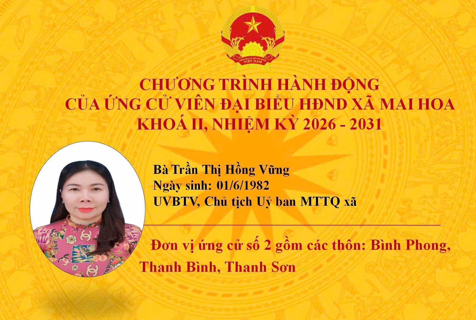 TRÂN TRỌNG GIỚI THIỆU CHƯƠNG TRÌNH HÀNH ĐỘNG CỦA ỨNG CỬ VIÊN TRẦN THỊ HỒNG VỮNG, UVBTV, CHỦ TỊCH UBMTTQ XÃ