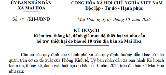 Kế hoạch kiểm tra, thống kê, đánh giá mức độ thiệt hại và nhu cầu hỗ trợ thiệt hại do bão số 10 trên địa bàn xã Mai Hoa