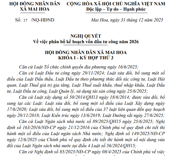 Nghị quyết về việc phân bổ kế hoạch vốn đầu tư công năm 2026