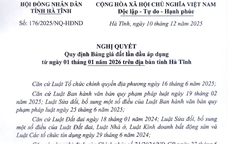 Nghị quyết quy định bảng giá đất lần đầu áp dụng từ ngày 01/01/2026 trên địa bàn tỉnh Hà Tĩnh