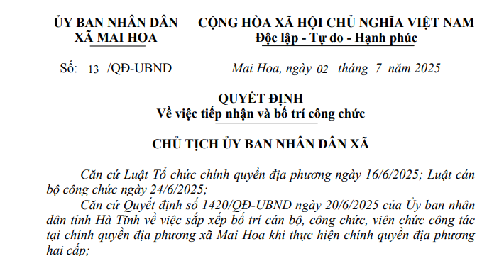 Quyết định về việc tiếp nhận và bổ nhiệm công chức