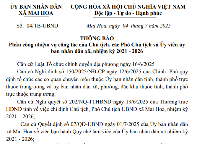 Phân công nhiệm vụ công tác của Chủ tịch, các Phó Chủ tịch và Ủy viên ủy ban nhân dân xã, nhiệm kỳ 2021 - 2026