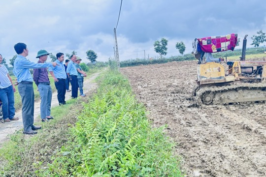 Lãnh đạo xã Mai Hoa kiểm tra tiến độ tích tụ ruộng đất tại thôn Ân Phú