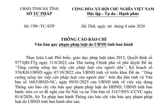 Thông cáo báo chí Văn bản quy phạm pháp luật do UBND tỉnh ban hành