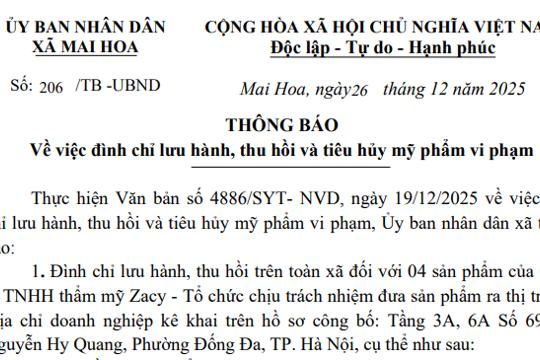 Về việc đình chỉ lưu hành, thu hồi và tiêu hủy mỹ phẩm vi phạm 