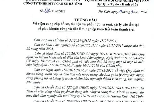 Thông báo về cung cấp hồ sơ, tài liệu và phối hợp rà soát, xử lý các tồn tại về khoản giao rừng  và đất lâm nghiệp theo kết luận thanh tra