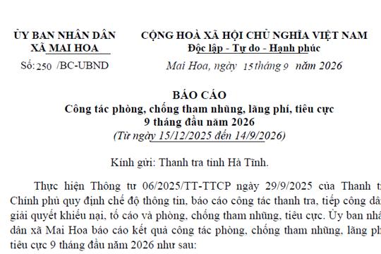Báo cáo công tác phòng, chống tham nhũng, lãng phí, tiêu cực 9 tháng đầu năm 2026 