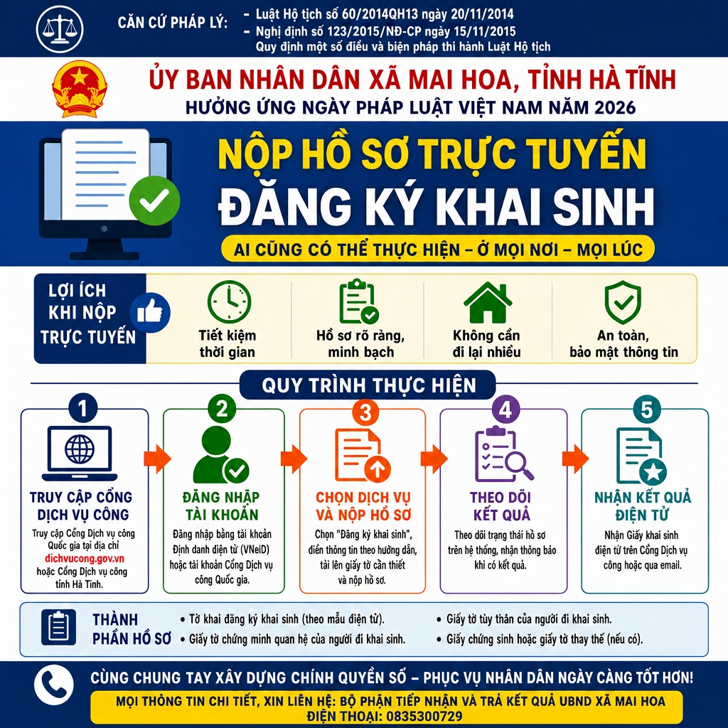 Xã Mai Hoa tích cực hưởng ứng ngày pháp Luật Việt Nam năm 2026: đẩy mạnh triển khai dịch vụ công trực tuyến phục vụ nhân dân