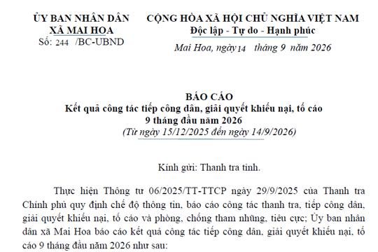 Kết quả công tác tiếp công dân, giải quyết khiếu nại, tố cáo 9 tháng đầu năm 2026 