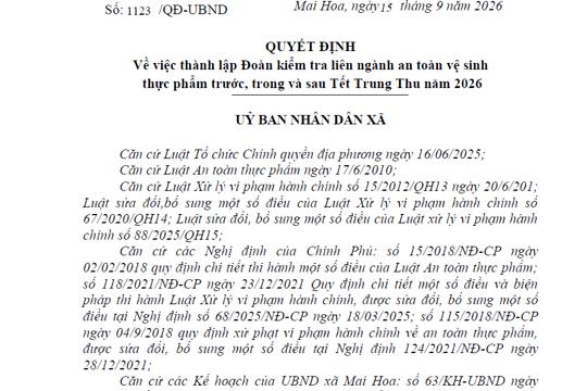 Quyết định Về việc thành lập Đoàn kiểm tra liên ngành an toàn vệ sinh thực phẩm trước, trong và sau Tết Trung Thu năm 2026 