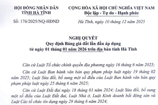 Nghị quyết quy định bảng giá đất lần đầu áp dụng từ ngày 01/01/2026 trên địa bàn tỉnh Hà Tĩnh