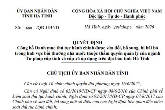 Công bố danh mục thủ tục hành chính lĩnh vực bồi thường nhà nước áp dụng trên địa bàn tỉnh hà tĩnh 