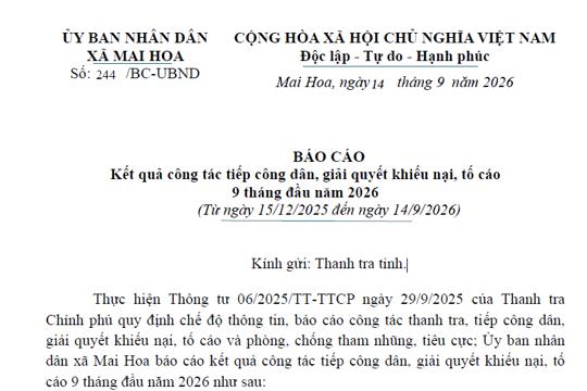 Báo cáo kết quả công tác tiếp công dân, giải quyết khiếu nại, tố cáo 9 tháng đầu năm 2026 